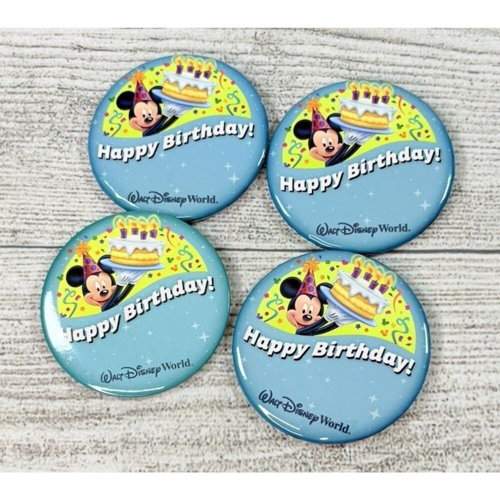 Disney World 3" HAPPY BIRTHDAY Button Pin Mickey Cake Lot Of 4